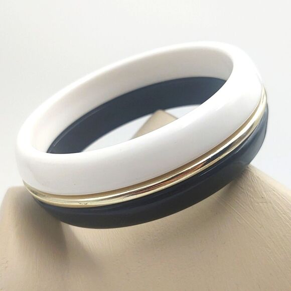 Vintage Black & White Acrylic Bangle Bracelet with Gold Metal Accent - Picture 1 of 4